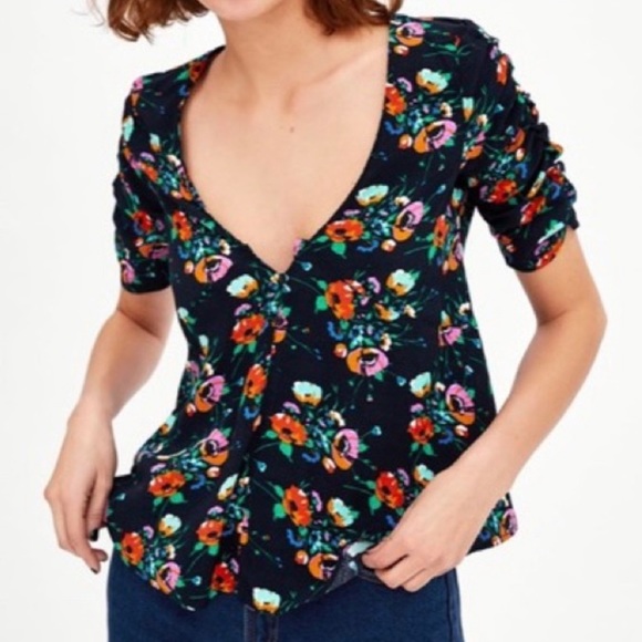 Zara Tops Zara Navy Blue Floral Button Front Blouse Shirt Poshmark
